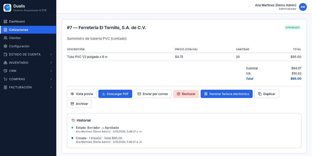Cotización aprobada en Dualis con precio con IVA, historial de cambios y botón para generar la factura electrónica